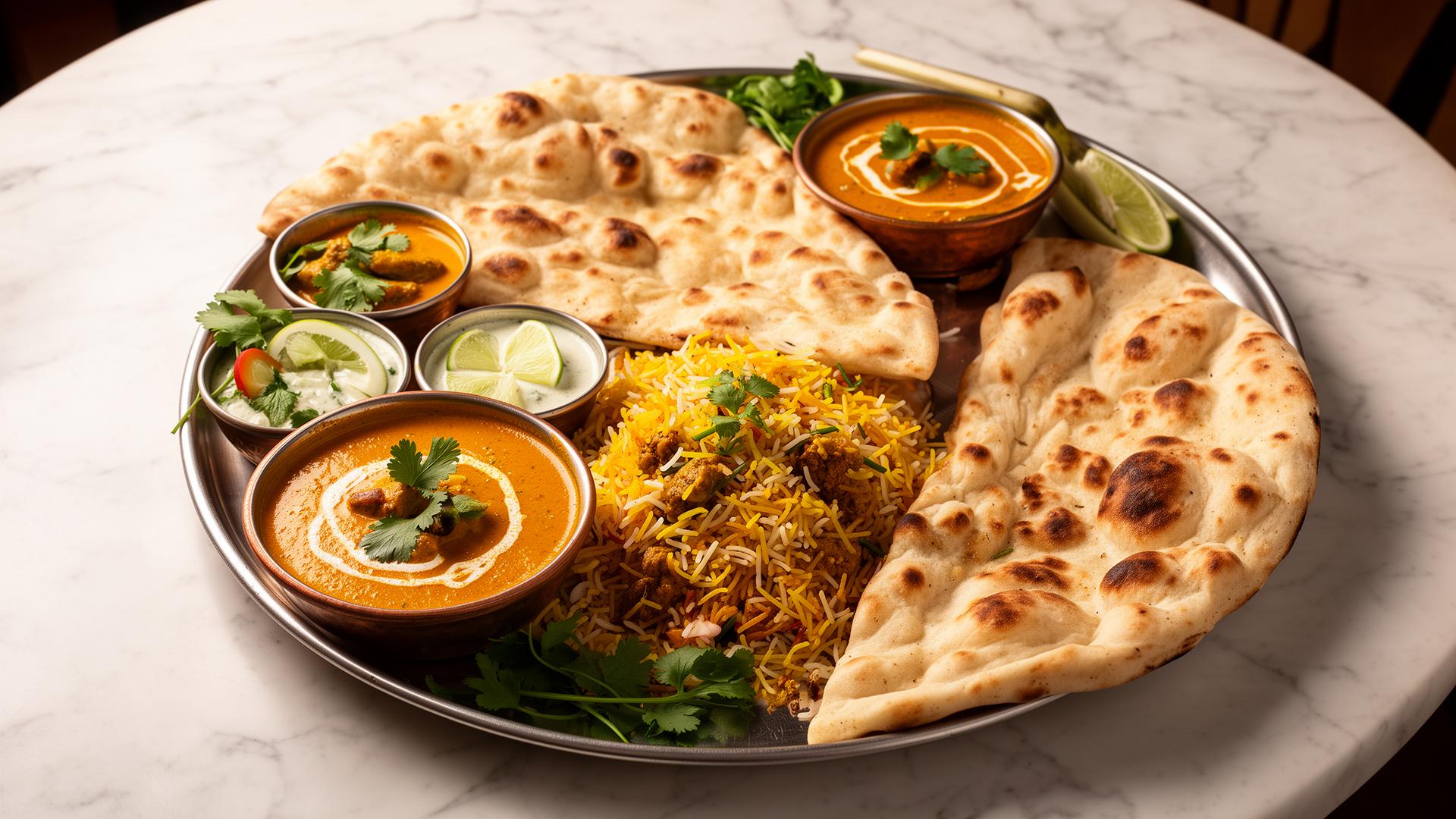 Premium Indian thali with biryani, naan and curries